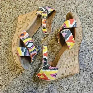 TOMS Multi-Color Espadrille Cork Wedge Sandal Women’s Ankle Strap Shoe, Size 7.5